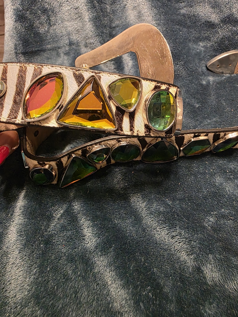 Nocona Zebra-Print Belt with Multicolored Faceted Gems